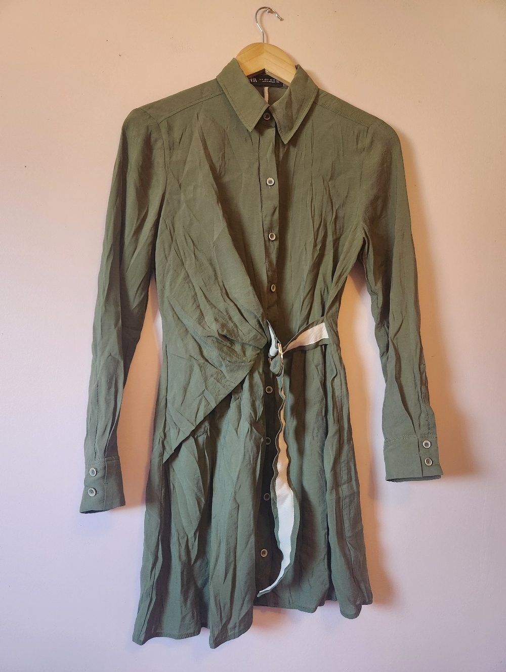 Zara Khaki Green Belted Mini Shirt Dress Utility Safari Minimalist Military S